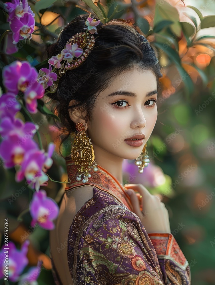 Elegant Thai woman in traditional attire with gold jewelry among purple orchids
