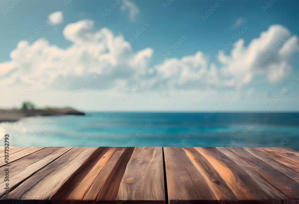 Wooden table top with a blurred background of a tranquil blue sea and clear sky, ideal for product display.