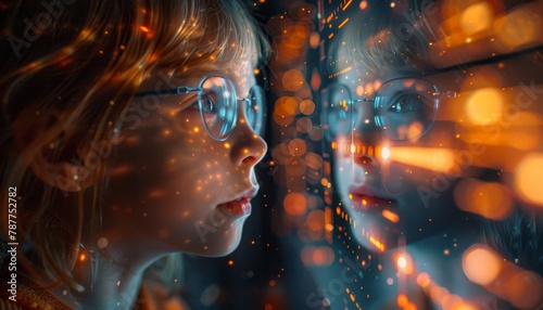 A young boy is looking at a computer screen with a lot of bright colors by AI generated image