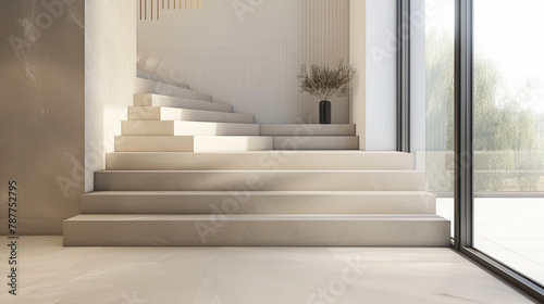 Sleek beige stairs with a Scandinavian touch  integrated into a luxurious lounge with a window.