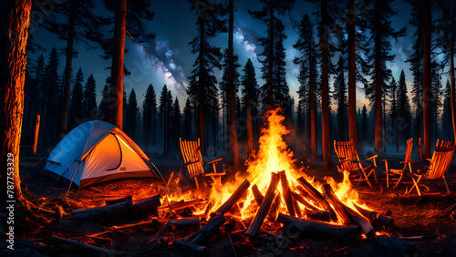 Outdoor camping campfire  chairs placed around  in the forest  with tents placed next to them