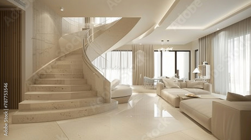 Sleek beige stairs with a touch of Scandinavian elegance in an elegant lounge.