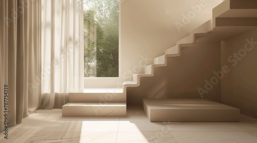 Stylish beige stairs in a chic Scandinavian interior lounge with a window and serene backdrop.