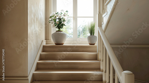 Stylish beige stairs in a chic Scandinavian-themed lounge with a window overlooking a tranquil scene. © ASMAT