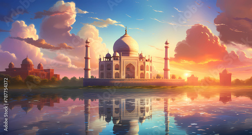 A beautiful oil painting of the Taj Mahal with clouds and sun