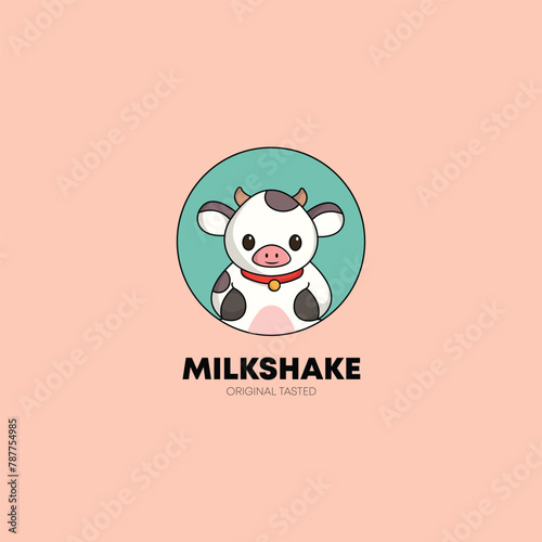 cute cow cartoon mascot logo design illustration concept hold milk. animal icon illustration flat style logo