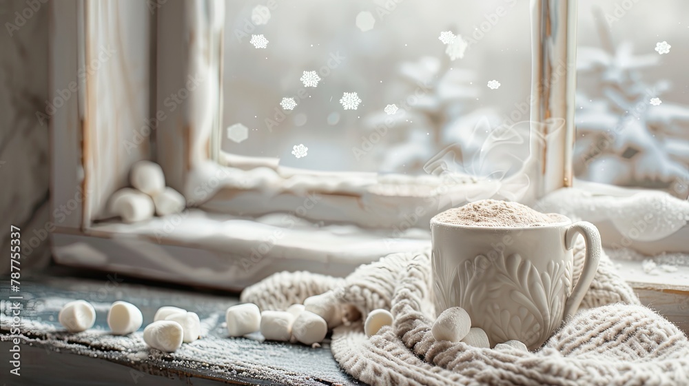 Hot cocoa with marshmallows by a frosted window Hot cocoa with marshmallows by a frosted window