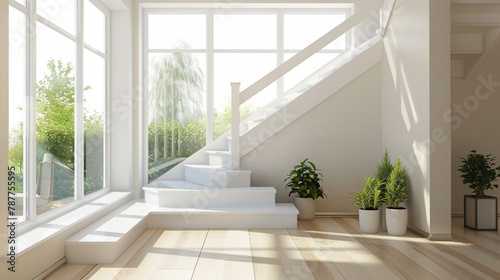 Stylish beige stairs in a cozy Scandinavian lounge with a large window and tranquil atmosphere.