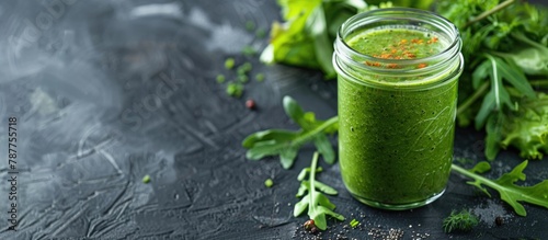 A green smoothie in a glass jar with ingredients, representing a concept of detox, diet, and healthy vegetarian food, with room for text.