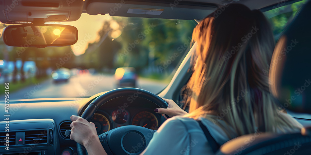 Woman hands on steering wheel driving car on the road driving car in city Transportation Business woman driving back home after exhausting day at work