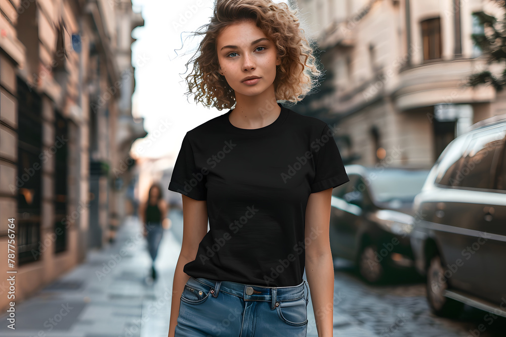Fototapeta premium Young Woman Black T-Shirt Mockup, The Essential Wardrobe Staple: A Versatile Black T-Shirt for Your Brand, Endless Creative Possibilities: A Blank Black T-Shirt Awaiting Your Vision
