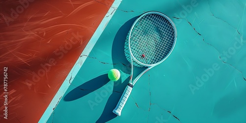 Top view of tennis racket and ball on tennis court with a big space for text or product advertisement a neat and clean surface, Generative AI.