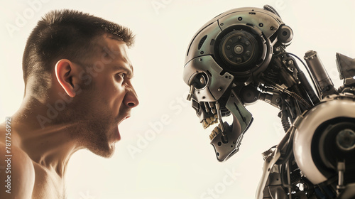Man confronting robot, face to face aggression photo