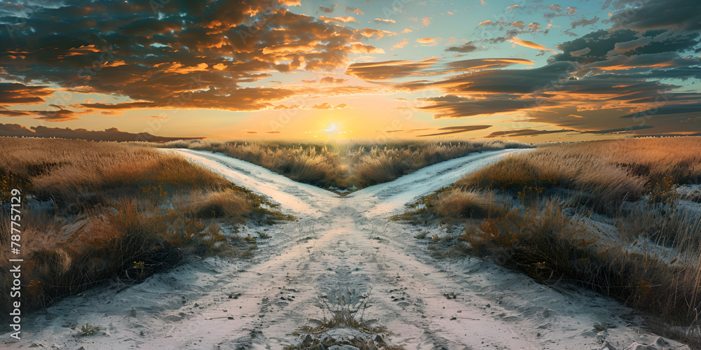 Surreal landscape with a split road and signpost arrows showing two ...