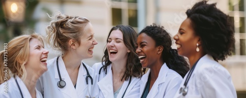 Group of female young smiling multi ethnic girls doctors in campus
