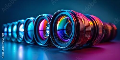 A row of colorful lens for camera kept in a clean surface with a big space for text or product backdrop or background illustration  Generative AI.
