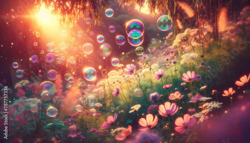 Golden Hour Dreamland - Iridescent Bubbles Amidst Wildflowers