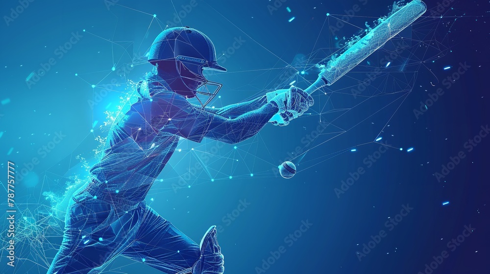 Over a blue geometric backdrop, a low poly wireframe tandem format style art depicts a man youth player colliding with a cricket ball and space, Generative AI. - obrazy, fototapety, plakaty 