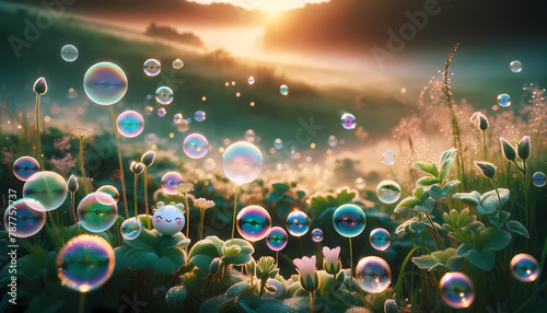 Fantasy Forest at Sunrise - Luminous Bubbles and Wild Blossoms #787757737