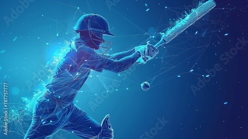 Over a blue geometric backdrop, a low poly wireframe tandem format style art depicts a man youth player colliding with a cricket ball and space, Generative AI.