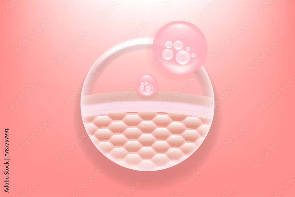 Obraz premium Hyaluronic acid and Niacinamide skin solutions ad. pink collagen serum drops into skin cells with cosmetic advertising background ready to use, illustration vector.