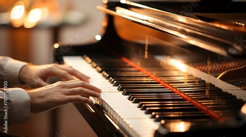 Two hands playing the piano, out focus photo