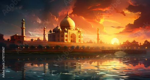 A beautiful painting of the Indian landscape with the Taj Mahal photo