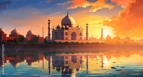 A beautiful painting of the Indian landscape with the Taj Mahal