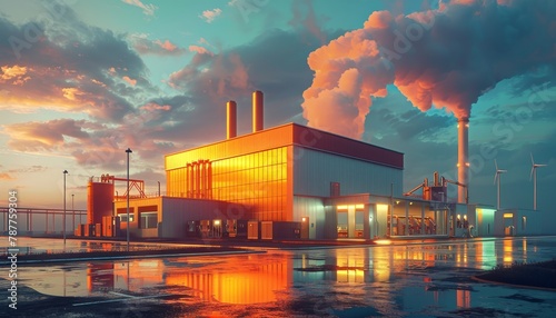 A large industrial building with smoke coming out of it by AI generated image photo