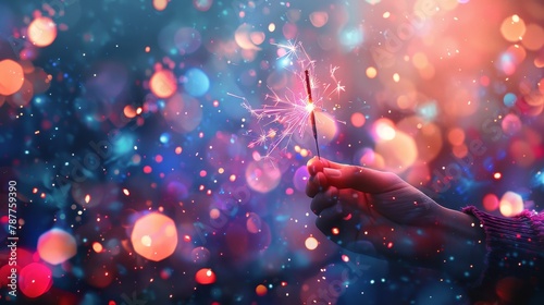 Hand holding a lit sparkler against a blurry background of multicolored lights.