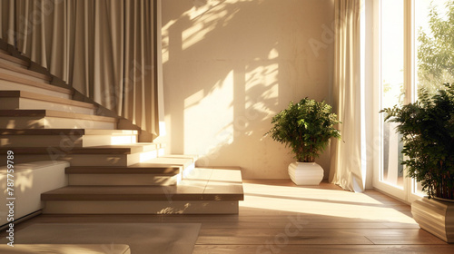 Beige Scandinavian-style stairs in a stylish lounge with a large window and natural light filtering through.