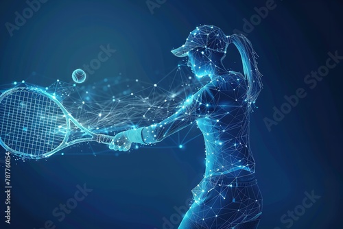 Over a blue geometric backdrop, a low poly wireframe tandem format style art depicts a lady tennis player colliding with a tennis ball and space, Generative AI.