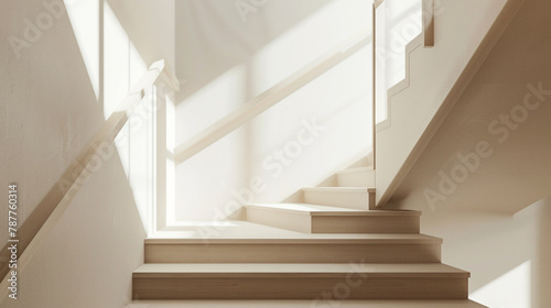 Beige staircase with clean lines and light wood handrails, reminiscent of Scandinavian design principles.