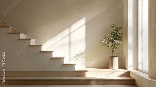 Beige stairs designed in a Scandinavian manner in a serene interior setting with a window.