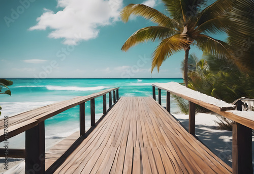 Wooden boardwalk leading to a tropical beach with palm trees and turquoise ocean under a clear blue sky.