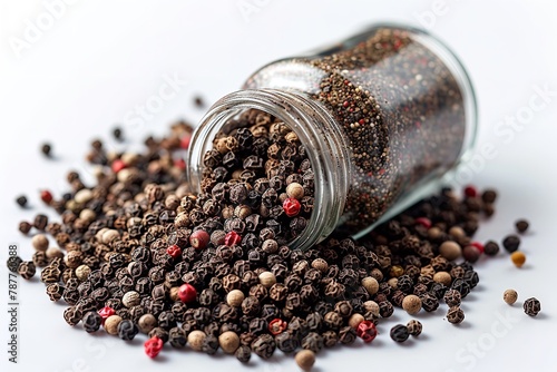 Over a white backdrop, freshly filled organic black peppercorns slipped out of a spice glass jar grounded pepper and space, Generative AI.