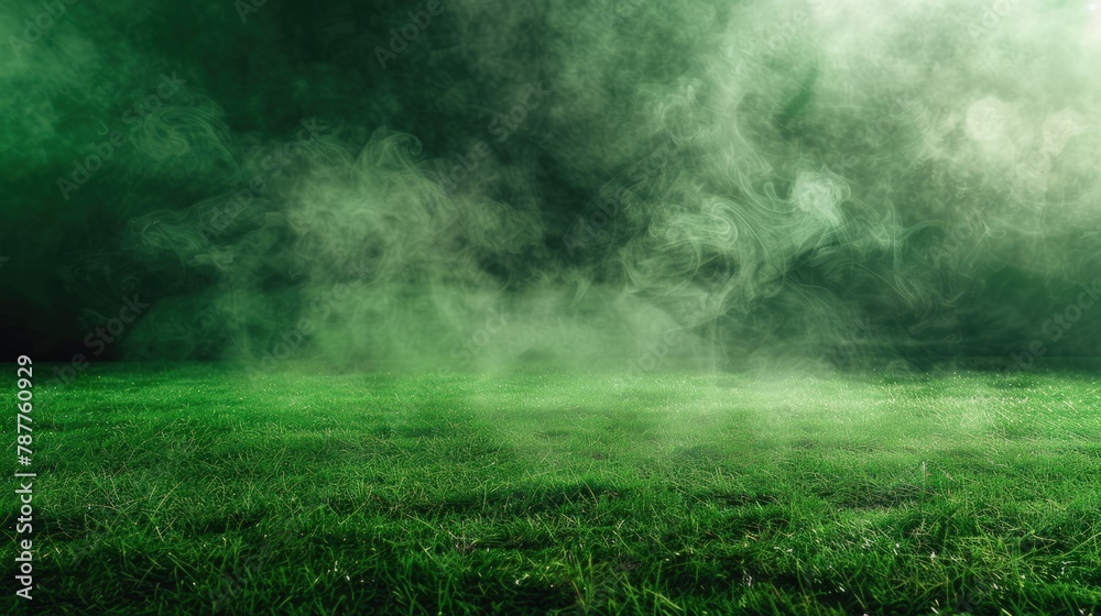 Background green grass smoke cloud fart soccer night field dust poison potion floating sport transparent dirty fog stadium stink mist. - obrazy, fototapety, plakaty 