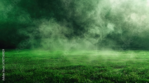 Background green grass smoke cloud fart soccer night field dust poison potion floating sport transparent dirty fog stadium stink mist. photo