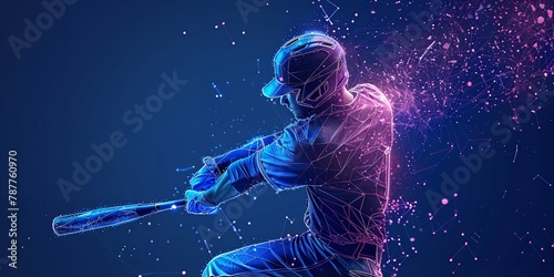 Over a blue geometric backdrop, a low poly wireframe tandem format style art depicts a man youth player colliding with a baseball and space, Generative AI.