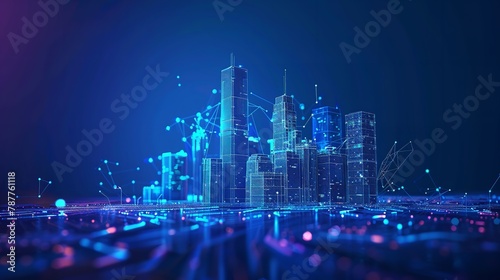 Over a blue geometric backdrop  a low poly wireframe tandem format style art depicts a chic city colliding with wi-fi and space  Generative AI.