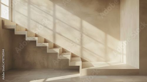 Beige stairs designed with Scandinavian finesse in a stylish interior with a window.