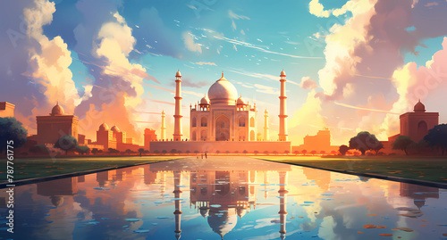 A beautiful painting of the Taj Mahal with clouds and sunset photo