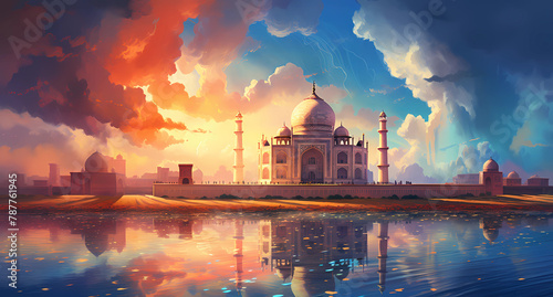 A beautiful painting of the Taj Mahal with clouds and sunset