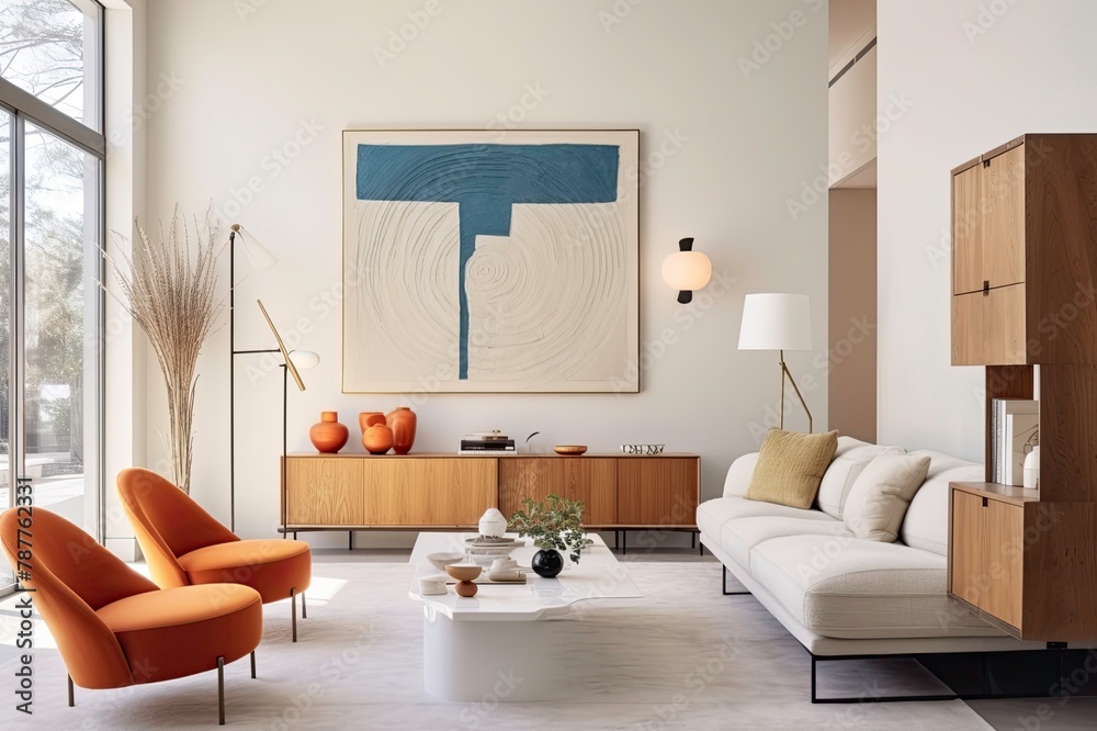 Modern Living Room with Blue Abstract Wall Art, Orange Accent Chairs and Sustainable Furniture Modern Living Room with Blue Abstract Wall Art, Orange Accent Chairs and Sustainable Furniture