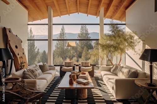 Modern Cabin Living Room Interior with Forest View and Natural Furniture