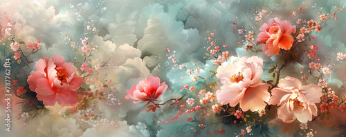Pink flowers bloom on a blue canvas, creating a serene natural landscape