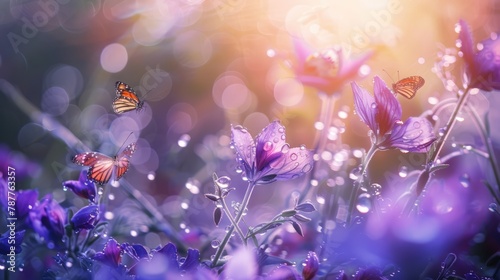 Delicate Violet flowers in dew drops