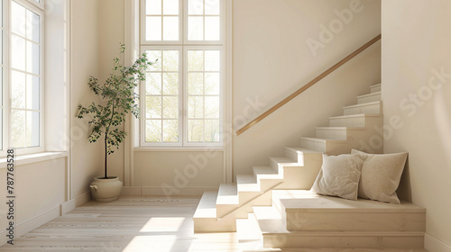 Beige stairs embodying Scandinavian elegance in a sophisticated lounge with a window. © ASMAT
