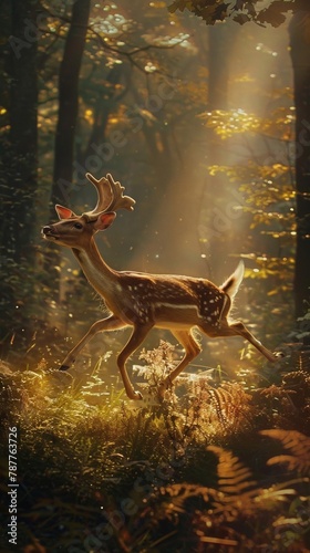 Graceful deer moving through the dense, sunlit forest. Elegant shape Move with grace and speed.