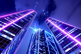 Admiring midnight symmetry of purple skyscraper lights in city skyline